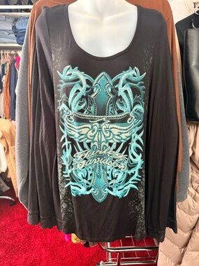 Y2K Harley-Davidson Women's Black Long Sleeve Graphic Top - Turquoise Design
